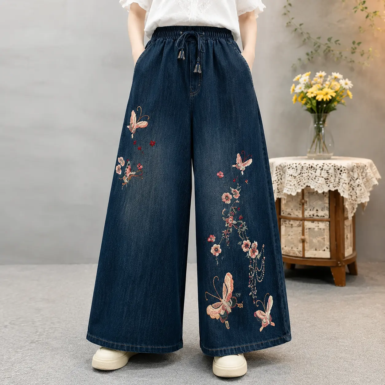 Women's Embroidered Wide Leg Denim Pants Butterfly Floral Loose High Waist Drawstring Jeans Casual Palazzo Trousers Adjustable Bottoms