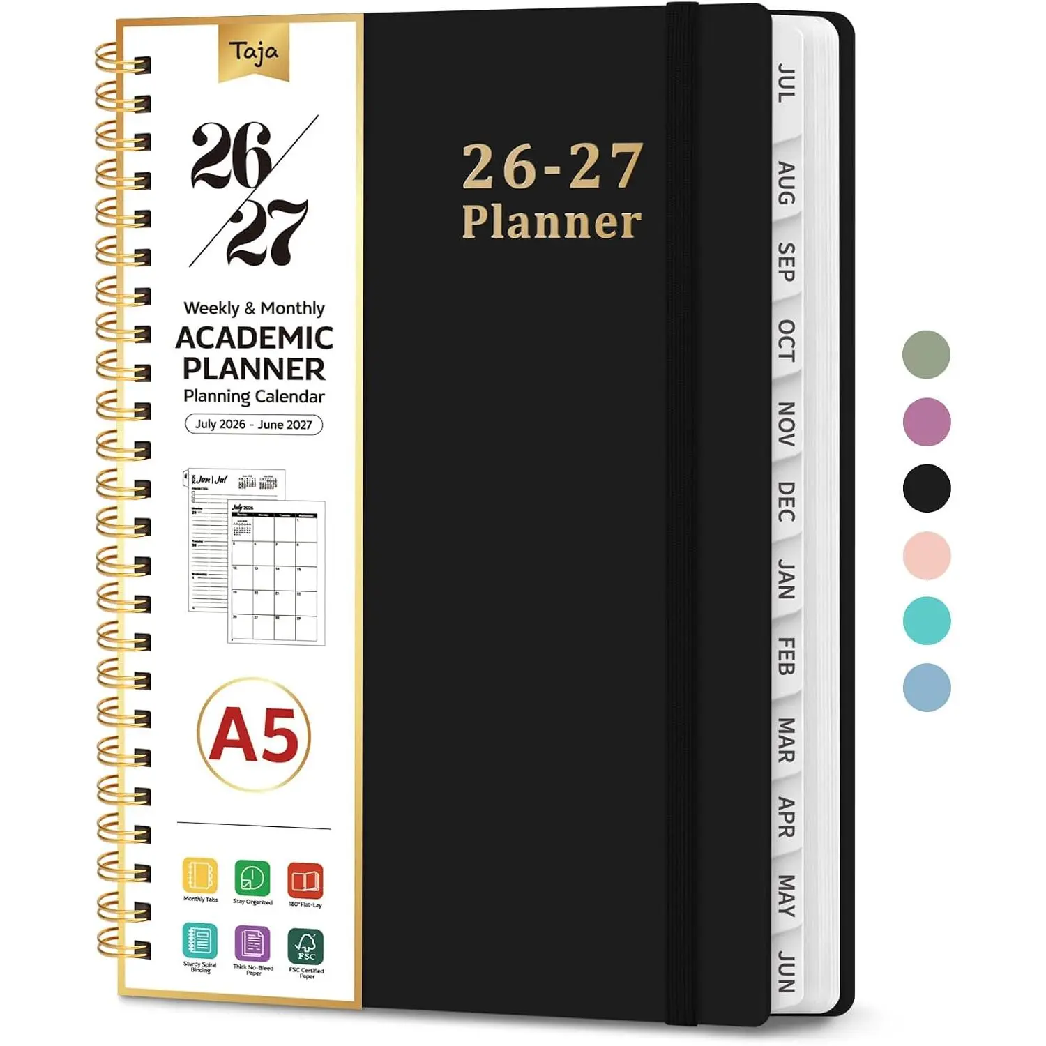 Planner 2026-2027, 6.3" x 8.5" Weekly and Monthly Academic Year Planner Calendar, July 2026 - June 2027, Hardcover Large School Planning Agenda With Tabs, Perfect for School & Office Supplies, A5, Black