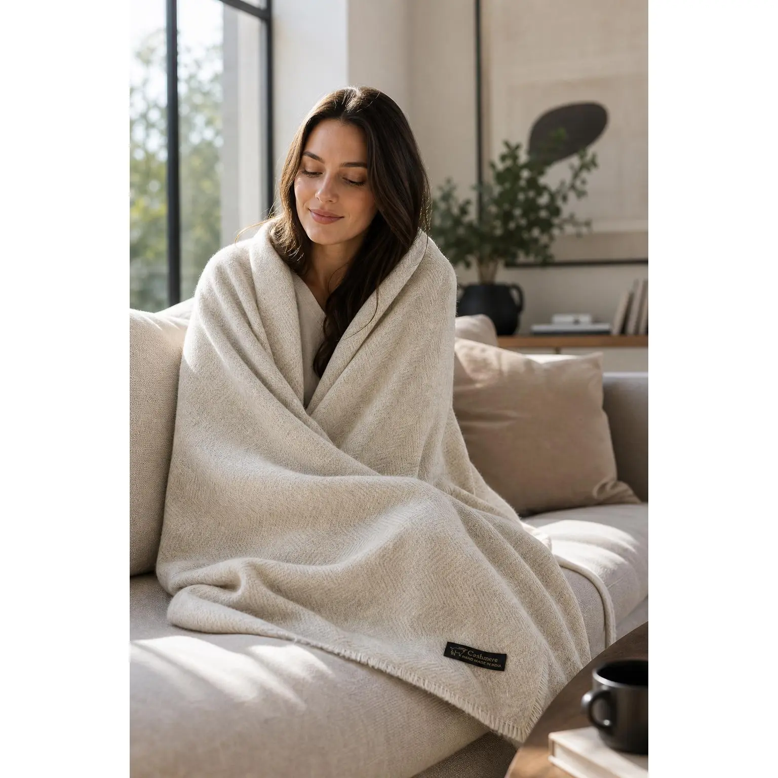 Cashmere Throw Blanket for Sofa, Luxury Travel Blanket, Ivory, Handmade Kashmiri Throw, Couch Throw Blanket, Housewarming, Father's Day Gift