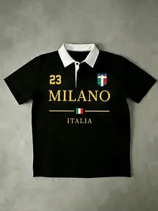 "Milano Italia" Milan Italian-style Light Luxury Polo - Black and White, luxurious atmosphere  Gold national emblem team badge + No. 23, high-quality cotton material, lapel design. A must-have for lovers of light luxury and fashion styles.