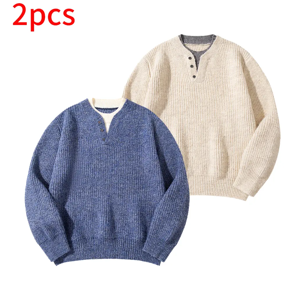 Menswear 2-Pack Autumn/Winter Unisex Plain Stylish Long Sleeve Crewneck Knit Pullover Top - Loose, Comfortable, Blue + Apricot Street Fashion Sweater, Classic