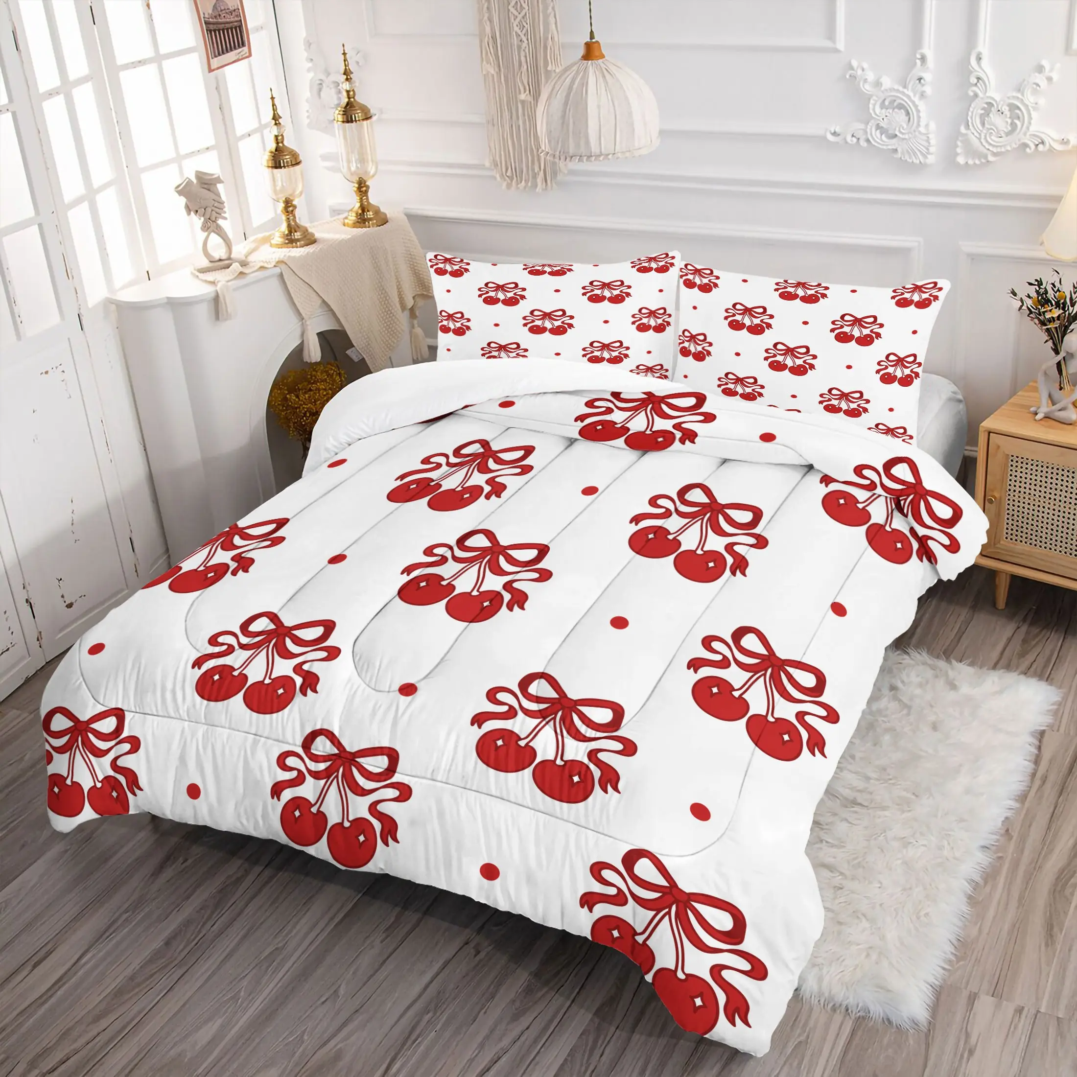 Red Bow-Print Comforter Set,Includes 1 Comforter & 1-2 Pillowcases,Red Polka Dot Bedding Set,Feminine Aesthetic Bedding for Teen Girl Bedroom,Dorm & Guest Room,Perfect Gift for Fans of Cute & Romantic Home Decor