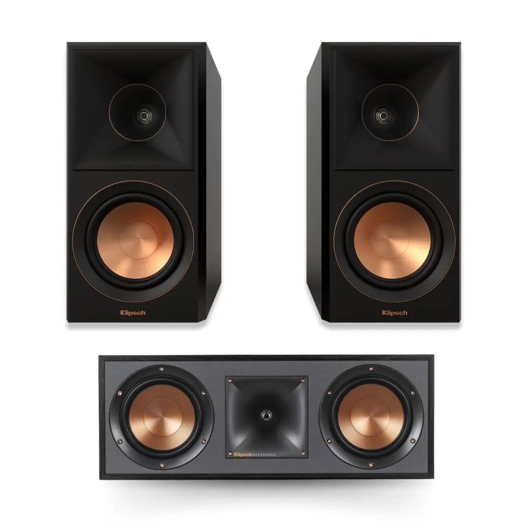Klipsch Reference Premiere RP-500M II Square Aluminium Audio Bookshelf Speakers (Pair, Ebony) Bundle with R-52C Powerful Detailed Center Channel Home Speaker (1, Black) – Copper-Spun Cerametallic, Tweeter Design, Vented Tweeter Housing