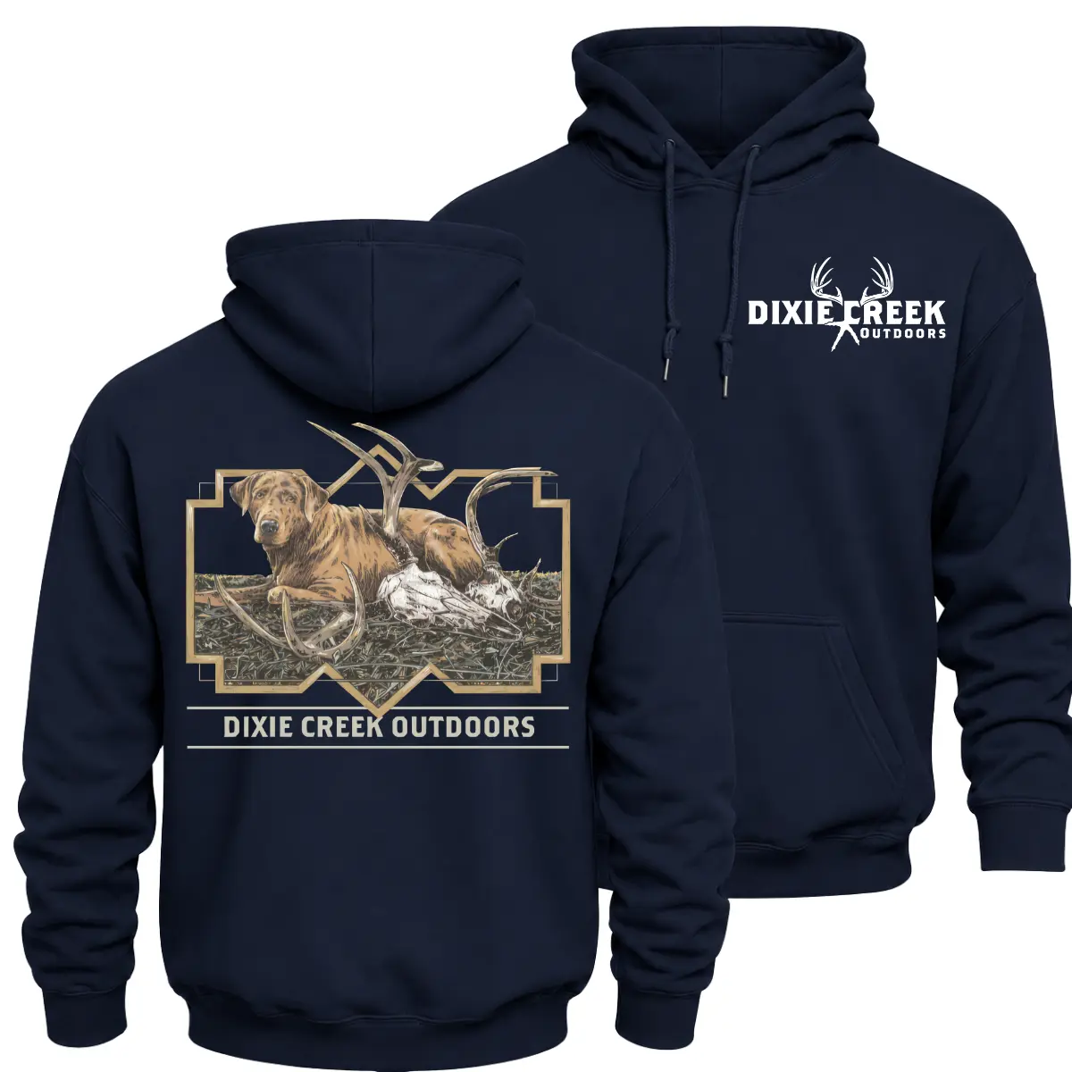Dixie Creek Outdoors Hunting Dog Hoodie, Labrador Retriever and Whitetail Deer Antler Graphic Pullover, Front Chest Logo and Large Back Print Hunter Hoodie, Outdoor Sportsman Hunting Gift for Men and Women