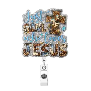 Just A Girl Who Loves Jesus Themed Retractable Badge Reel, Cute Badge Scroll Badge Clip, ID Card Pack for Student Office Staff Doctor Nurse Teacher