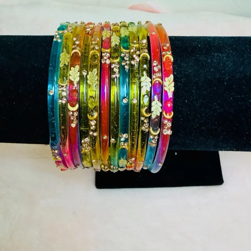 12-Piece Multicolor Leaf or Chand Bangle Set Gold Tone Stone Women’s Bangles