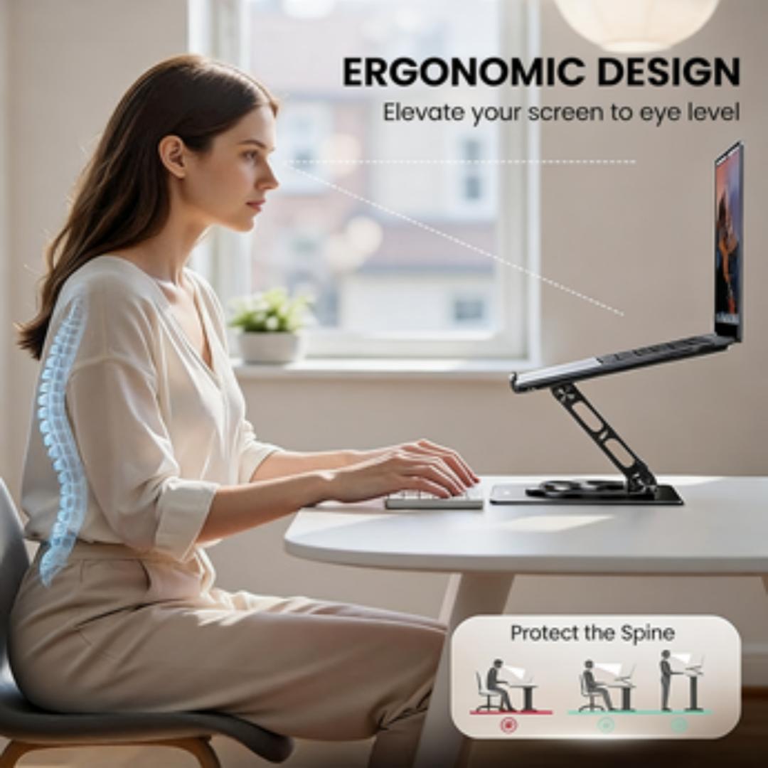 Height Adjustable 360° Rotating Laptop Stand,Ergonomic Foldable Portable Desktop Riser with Dual Support Arms,Premium Carbon Steel Desk Accessory Designed for Healthy Sitting Posture,Compatible with MacBook Pro Air,Dell XPS,HP and All 10–17.3 Inch Laptops