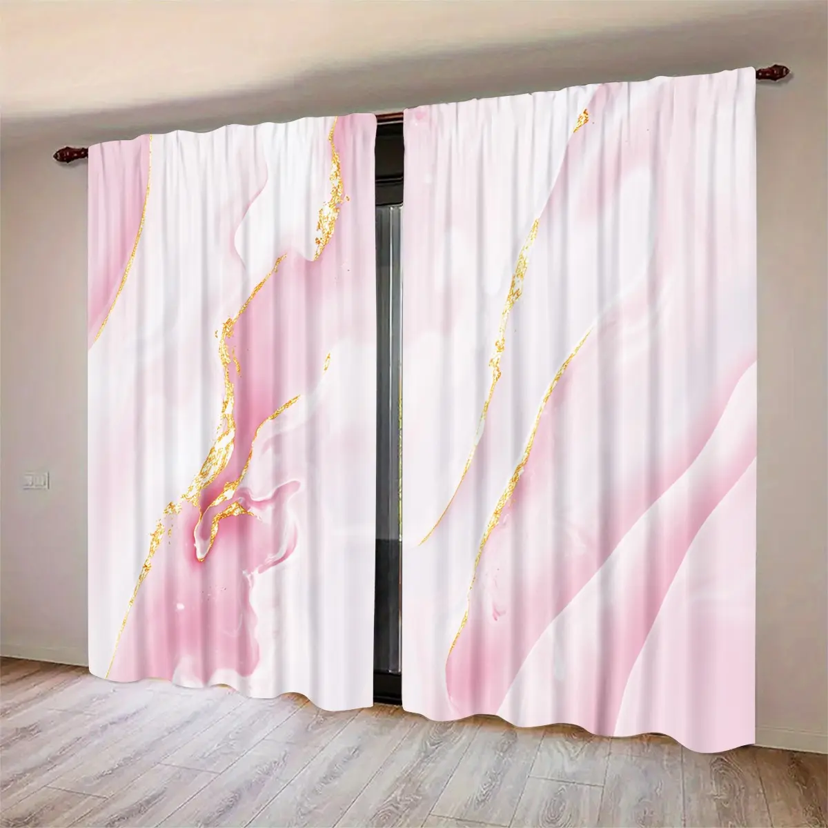 2-piece set of pink marble patterned printed semi blackout polyester curtains, suitable for home decoration in living rooms and bedrooms, with pole pocket design