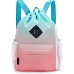 Drawstring Backpack  Gym Bag with Shoes Compartment, Water-Resistant String Backpack Cinch for Women Men (Small,Red-Green Gradient)
