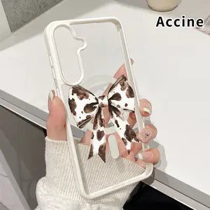Magnetic Case Compatible with Galaxy S23 Ultra S24 Plus S25 S22+ FE Cow - print Bow Pattern Acrylic Back TPU Edges Shockproof Ultra Thin Mobile Phone Cover Gift for Girl