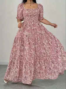 Women's Plus Size Fashion Shirred Casual Elegant Spring Dress, Floral Pattern, Short Sleeve, Loose-Fitting Midi Dress, Woven Fabric