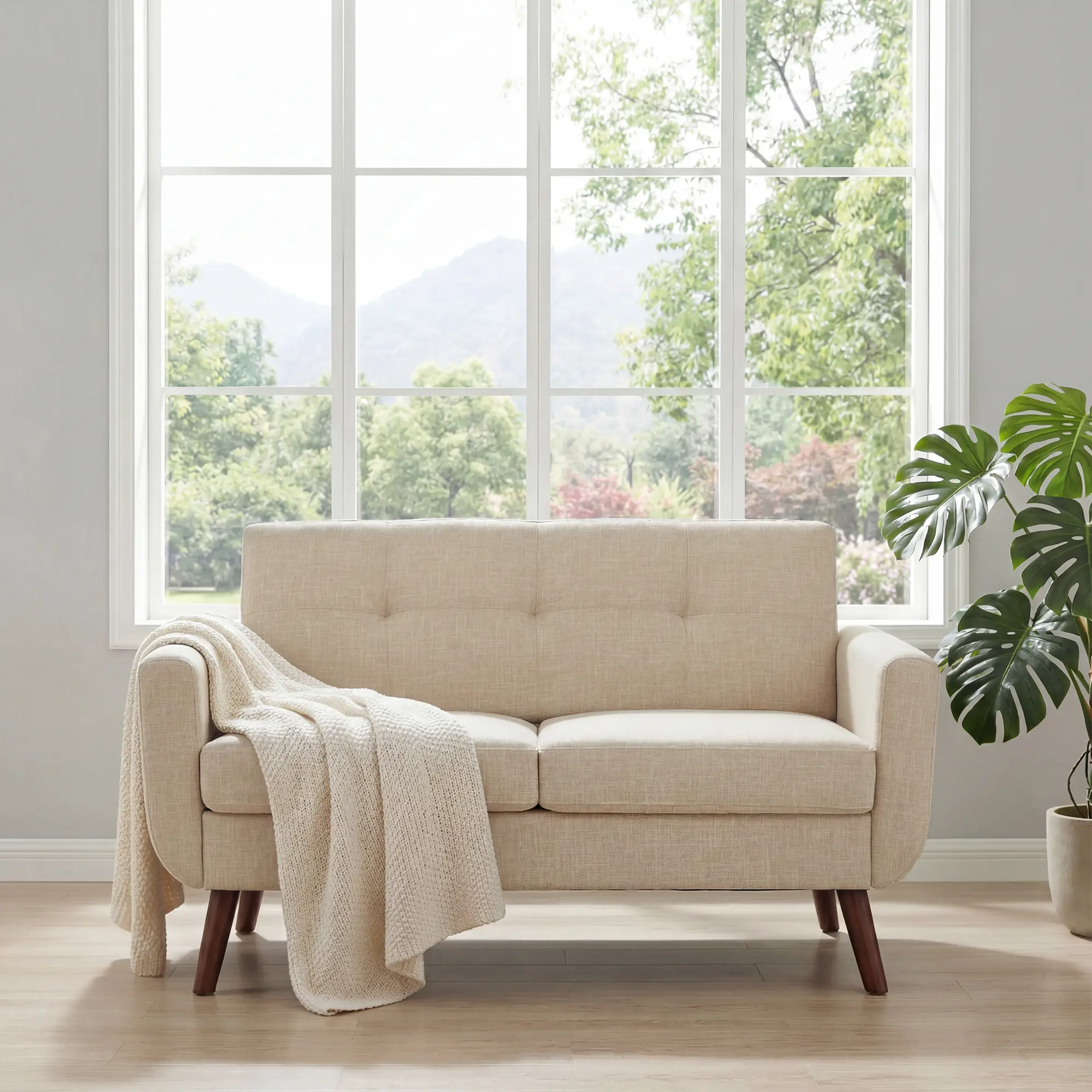 Tbfit 56.7" Width Low Profile 2-Seat Mid-Century Modern Loveseat Sofa - Button Tufted Linen Fabric Couch, Fixed Arms, Solid Wood Legs, Easy Setup, Comfy for Living Room Sofas, Bedroom, Sofas Living Room, Tiktokshopstockup