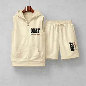 Men's GOAT God Over All Things Graphic Sleeveless Hoodie Shorts Set 2 Piece Outfit Faith Letter Print Zip Up Hooded Vest Drawstring Shorts Summer Casual Gym Workout Streetwear Breathable Lightweight Athletic Lounge Set