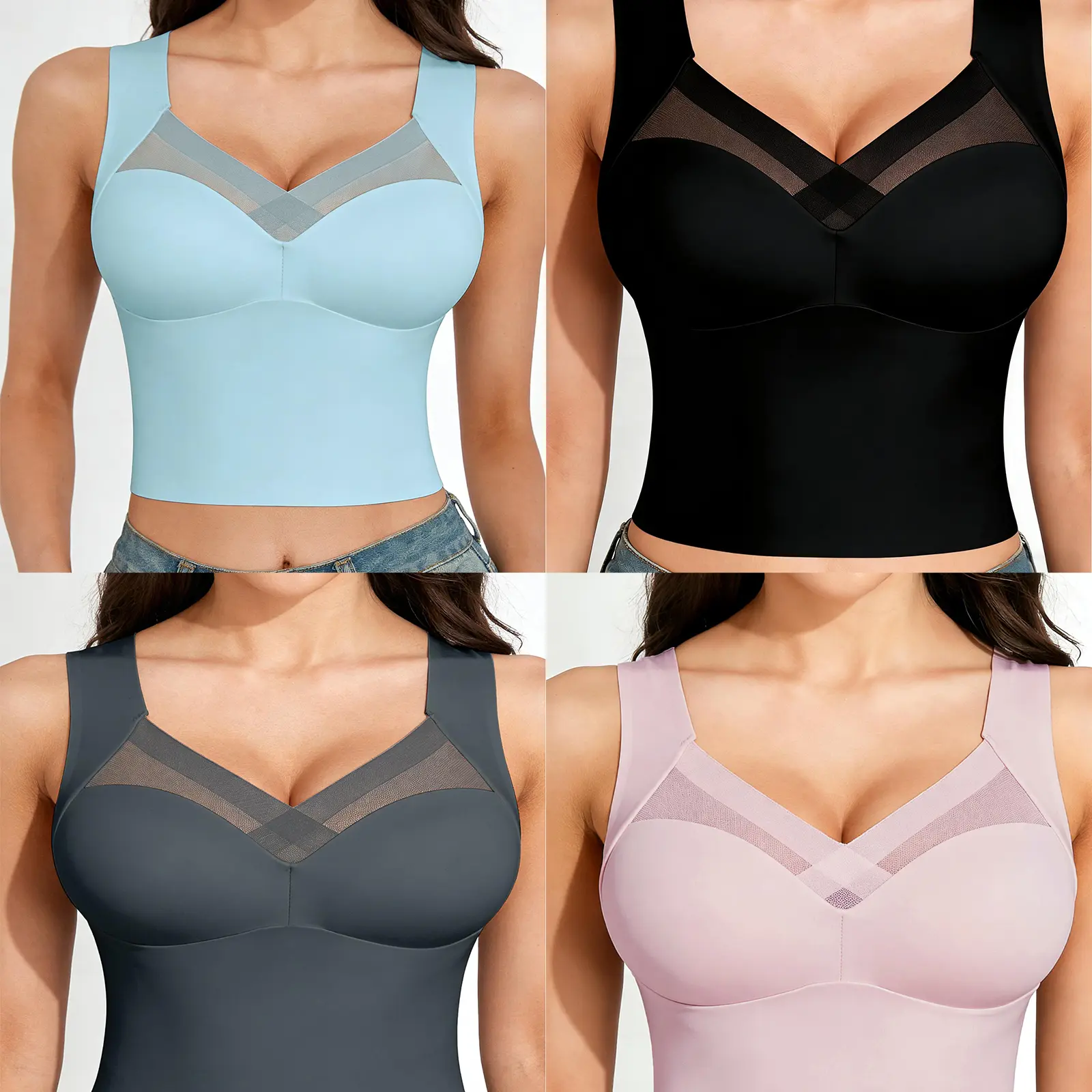 EssElegance 4-Pack Women's Seamless Longline Bra Wireless V-Neck Bralette Sheer Mesh Detail Push-Up Smoothing Wide Strap Crop Top Camisole Full Coverage Athleisure Everyday Layering Set - Black, Grey, Blue & Pink