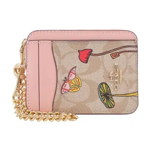 Coach Card Case for Women – Floral Print Leather Cardholder in Khaki Pink