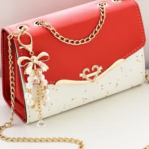 Women's PU Leather Shoulder Bag With Glitter Star Pattern Heart Metal Buckle Elegant Small Crossbody Bag For Daily Use Korean Style Handbag With Pearl Bow Pendant For Lady