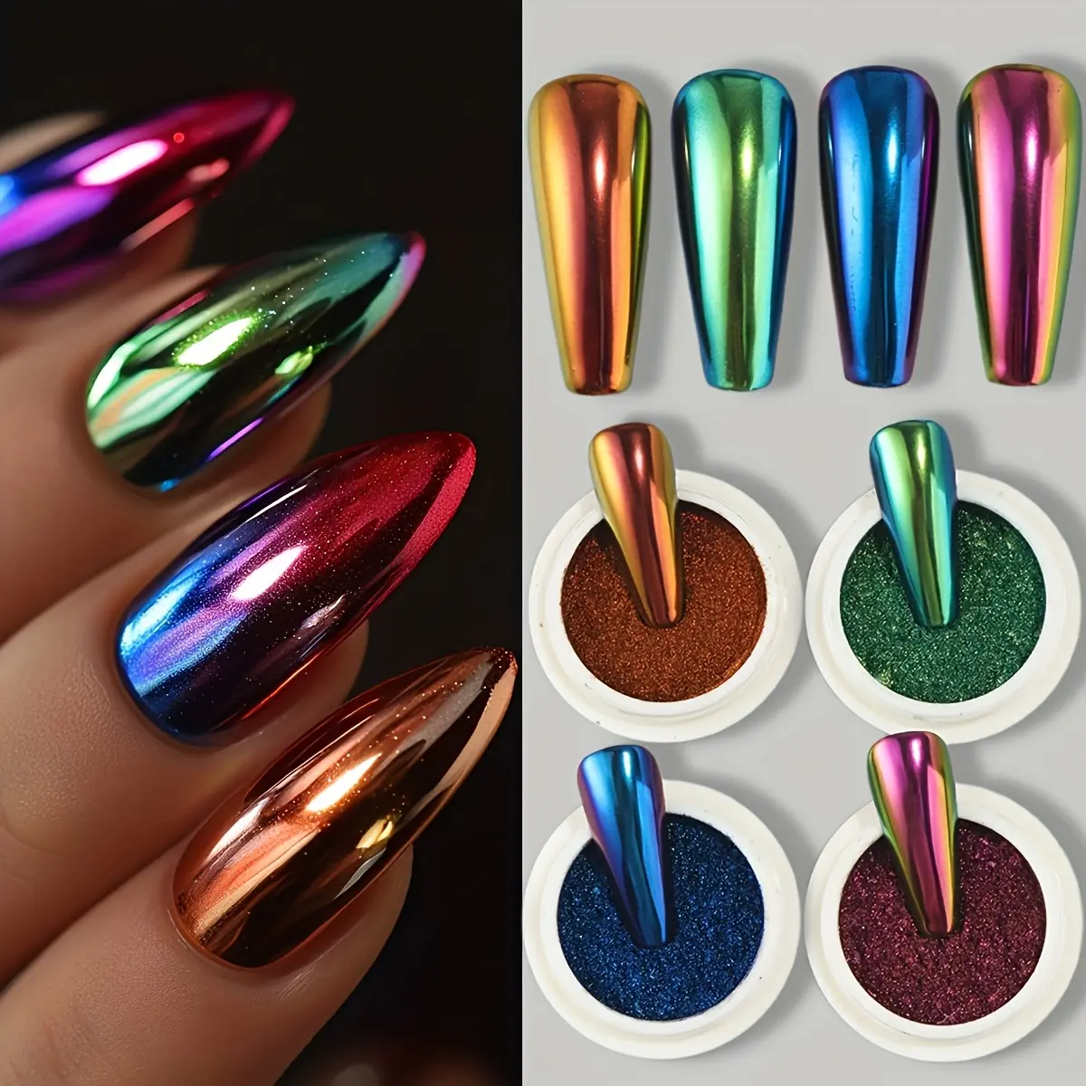 4PCS Chameleon Aurora Nail Powder, Holographic Rainbow Shine Metallic Pigment Dust, Iridescent Color Shift Nail Art Glitter Powder for DIY Manicure Decoration