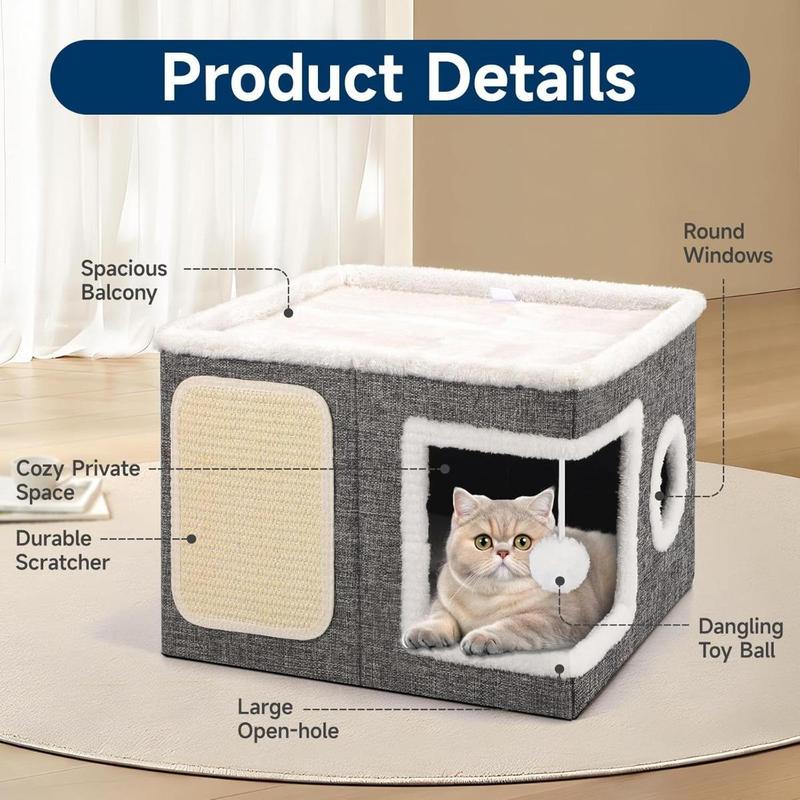 Extra Large Cat Condo Foldable Two Story Sisal Scratching House with Removable Washable Mat Soft Nest for Kittens Adult Cats Multi Functional Pet Furniture