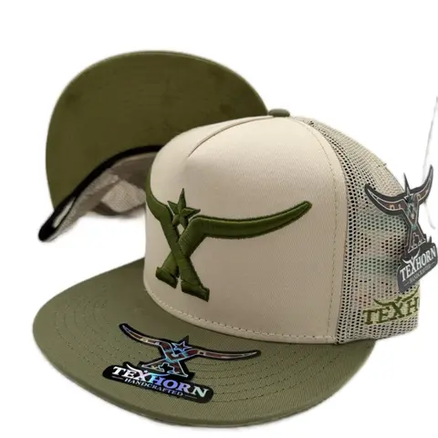 TEXHORN STYLE ARTEAGA WITH OLIVE GREEN BRIM HAT - Handcrafted in Texas - Mesh Back - Olive Green Brim - Texhorn Logo
