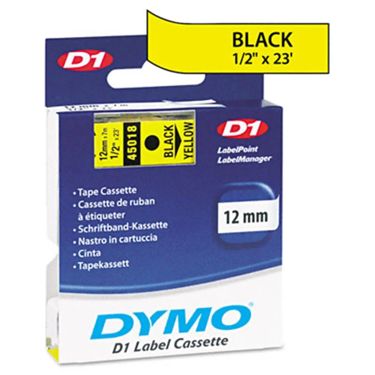 Dymo 45018 D1 Tape Cartridge, 1/2" x 23' Chemical-Resistant Polyester Coated Label Tape for Electronic Label Makers, Durable Scratch-Resistant, Easy-Peel Split-Back, Black on Yellow