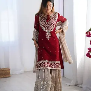 Women red sharara suit  Eid collection wedding party wear casual Indian wedding set