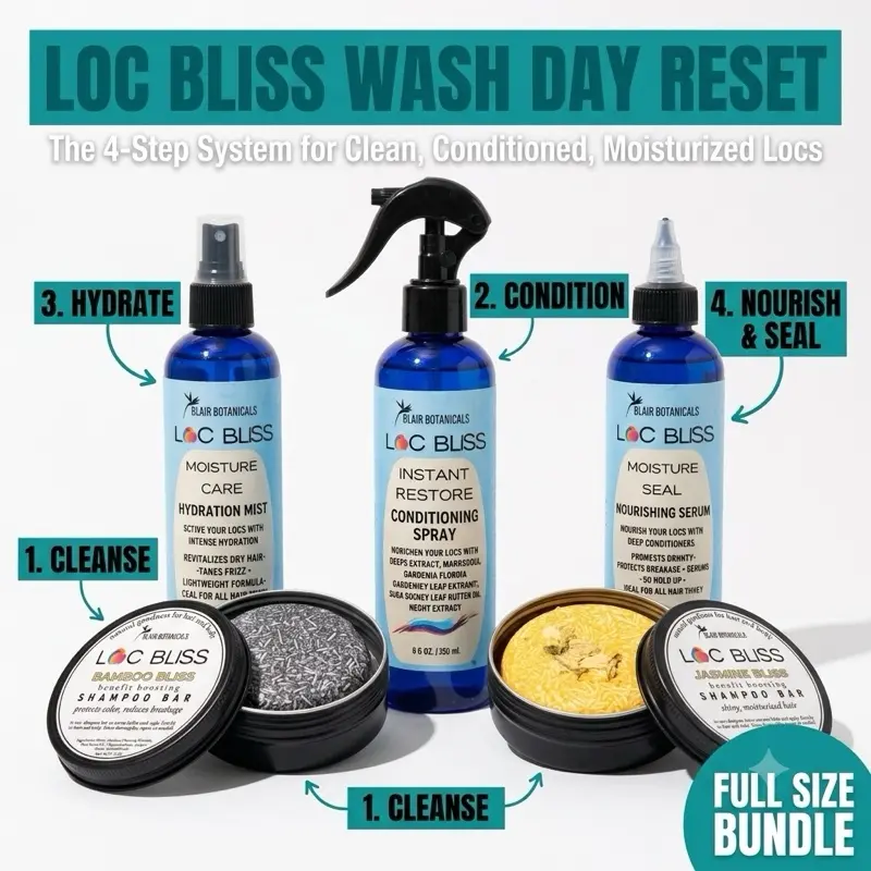 Loc Bliss Wash Day Reset - Full Haircare System with Cleansing Bars, Conditioning Spray, Daily Hydration Mist, Nourishing Serum for Dry Color-Treated Locs & Natural Styles, Scalp Care & Restore Benefits