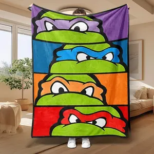 Ninja Turtle Color Block Flannel Cozy Blanket, Soft and Skin-Friendly, Four-Turtle Design, Retro Anime Style Super Soft Flannel Blanket, an Ideal Gift For Children and Enthusiasts on Special Occasions. Perfect For Use at Home, Office, Outdoors and Parties