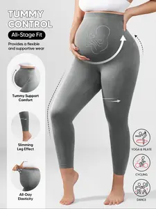 Maternity Seamless 3D Knit Full Length Leggings with Built in Belly Support – Women's High Waist Expandable Panel Pregnancy Tights, 4-Way Stretch Activewear, Prenatal Maternity Clothing (Grey)