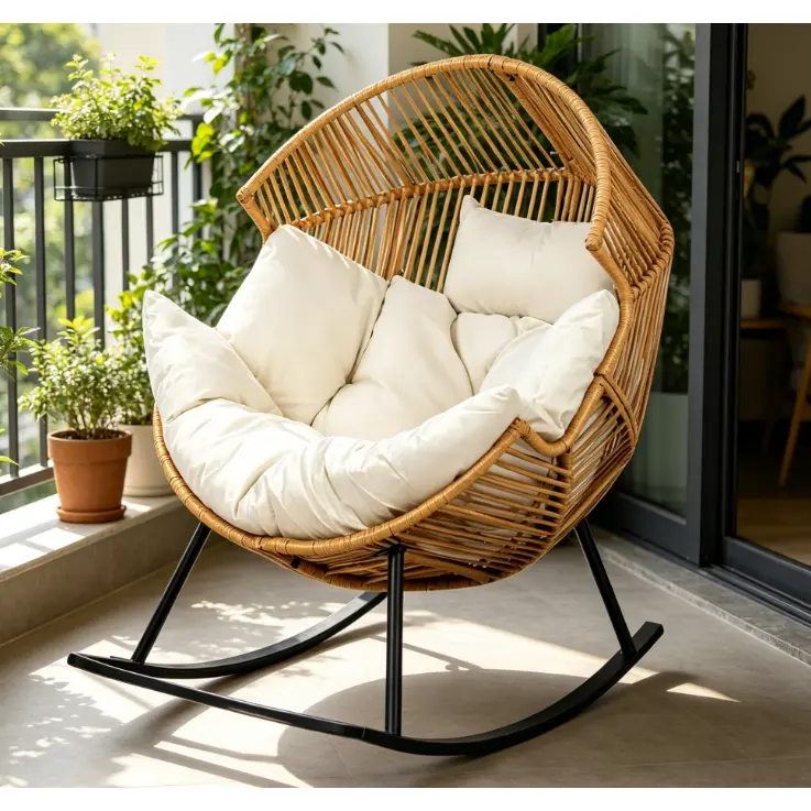 Oversized Wicker Rocking Egg Chair, Ergonomic Rattan Lounge Rocker with Extra-Soft Pillow & Thick Cushion for Indoor/Outdoor, Living Room, Backyard
