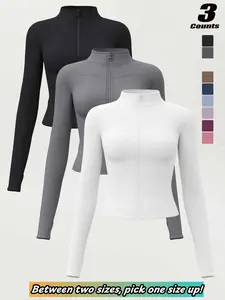 Women's All-Season Sports Jacket, Zip Front Jacket, Long Sleeve Stand Collar, Slim Fit Thumb Hole, Running Fitness Yoga Top, S-3xl, “Size Up for a Better Fit”