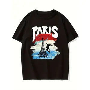 Men's Black Paris Pattern T-Shirt - Premium Cotton Loose Short Sleeve, Eiffel Tower and French Flag Print with "Paris" Text - Casual Summer Wear, Unique Christmas Gift Idea, All-Season Suitable Top, Fun Design, Machine Washable Comfortable Clothing Paris