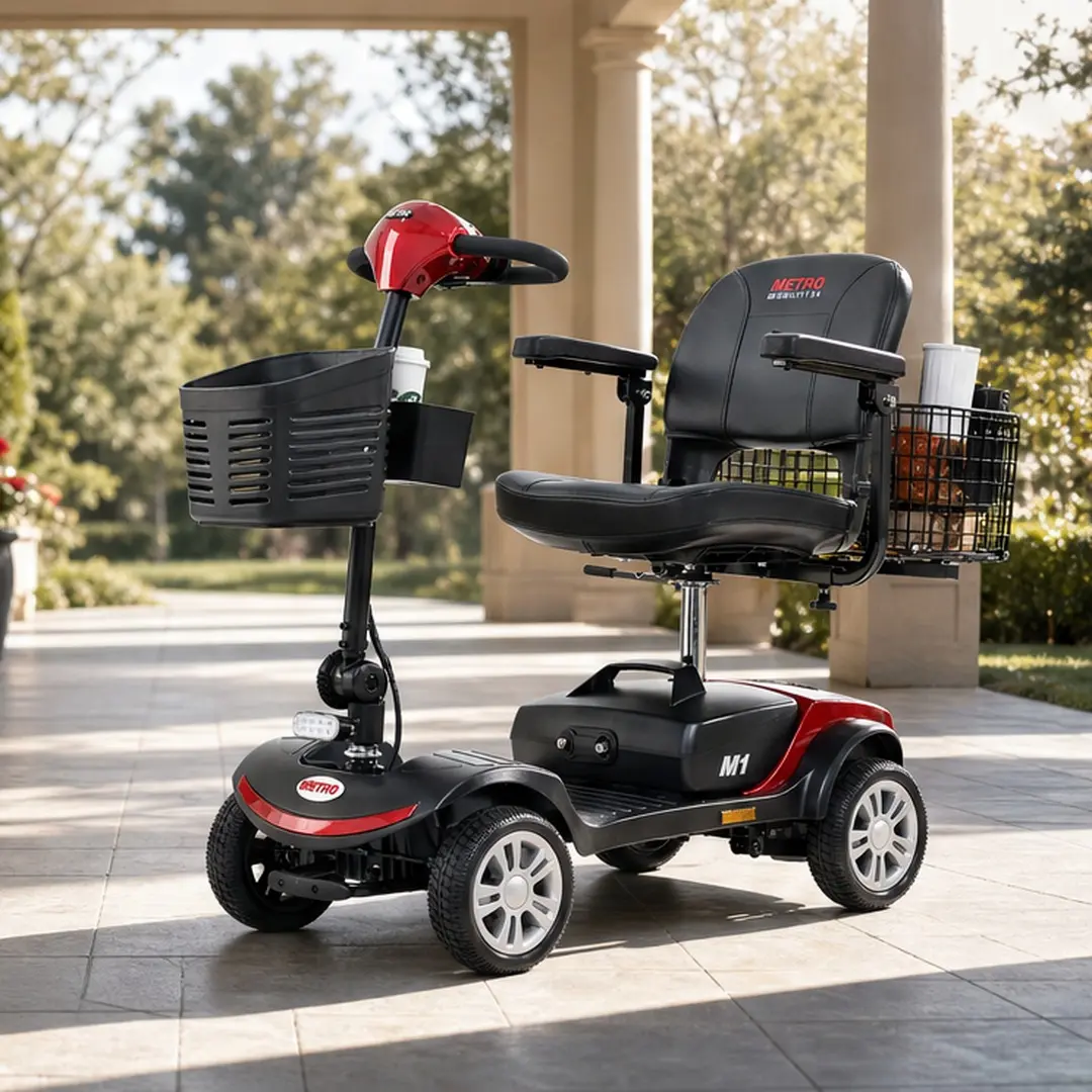 Compact Travel Mobility Scooter for Adults, 300W Motor, 300 lbs Capacity, 4-Wheel Electric Power Scooter with 9" Solid Tires, Rear Suspension, LED Lights, 360° Swivel Seat, Flip-Up Armrests, Intelligent Brake, Multiple Color Options