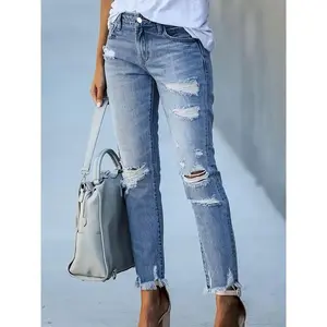 Women's Stretch Ripped Skinny Jeans - Mid-Rise, Distressed Denim with Raw Hem, Machine Washable