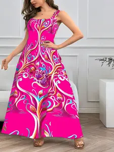 Plus Size - Women'S Plus Size Spring Summer Floral Print Square Neck Suspender Dress - Elegant And Comfortable Sleeveless Midi Dress