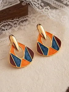 1 Pair of Bohemian Fan Shaped Geometric Drip Oil Geometric Enamel Earrings, Retro Ethnic Style Design, Feminine Temperament, Party Vacation Earrings, Vintage Statement Earrings, Boho