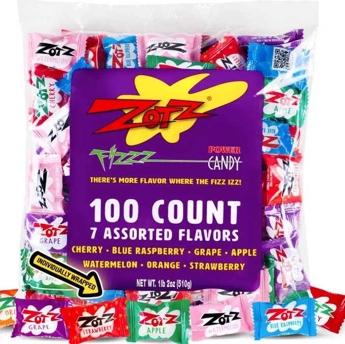 Zotz Fizzy Candy Bag, Assorted Flavors, 100 Count Bag