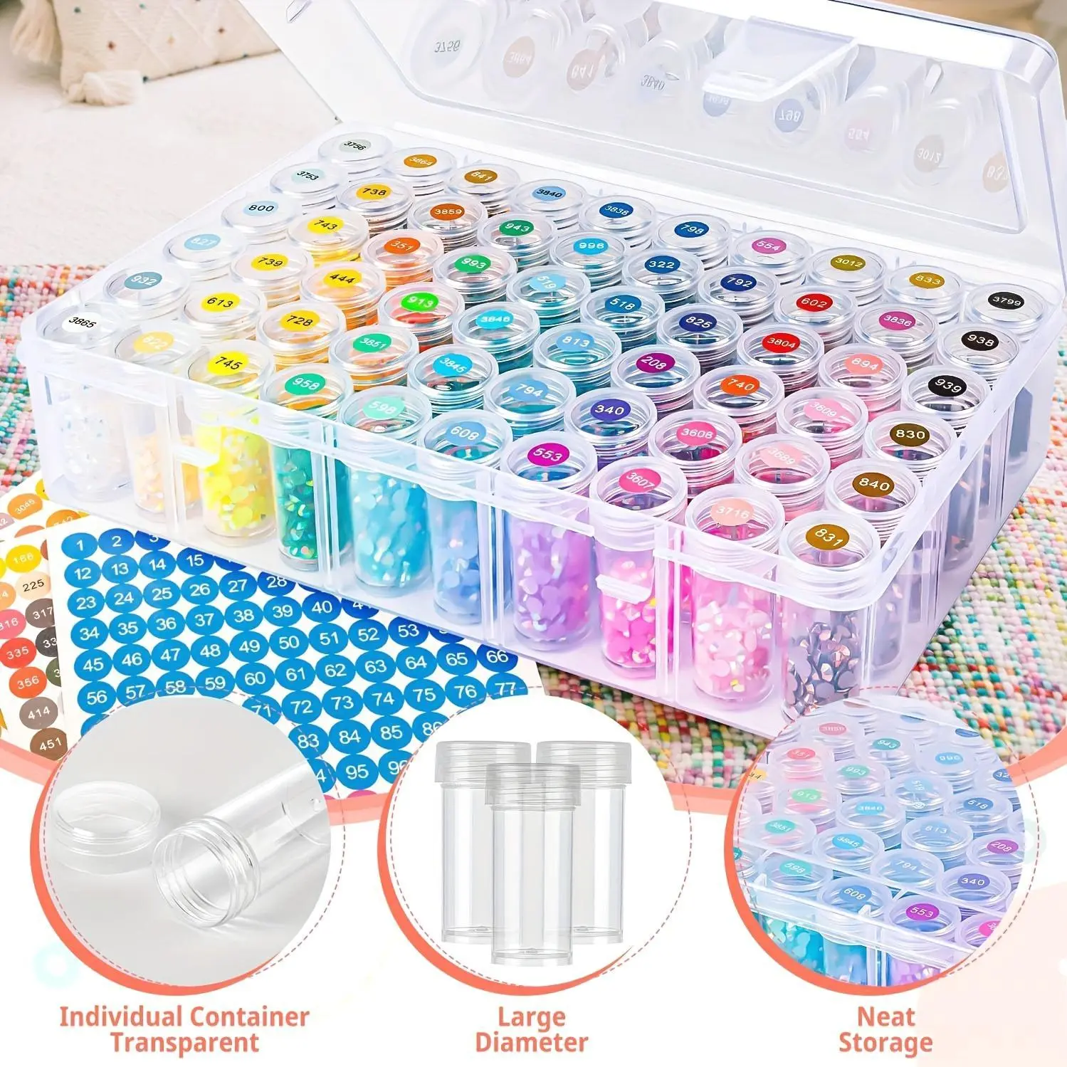 80/60/40pcs Handmade Bead Storage Box Set, Diamond Painting Round Bottle Organizer, with 4pcs Diamond Painting Labels, Transparent Clear Plastic Craft Storage Box with Lid, Diamond Painting Accessory Bead Organizer And Storage, Diamond Art Storage