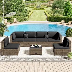 7 Piece Patio Furniture Set, Outdoor Furniture Patio Sectional Sofa, All Weather PE Rattan Outdoor Sectional with Cushion and Coffee Table. Swivel Chair Lounge
