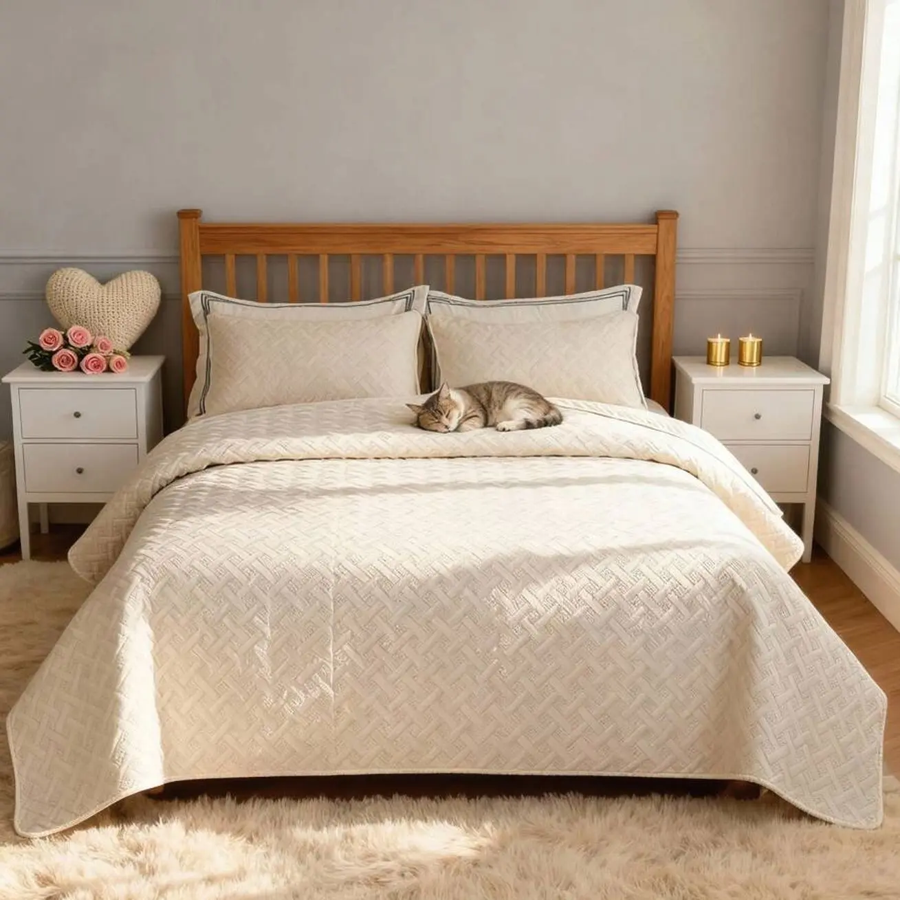 3PCS Basket Weave Bedspread Set, Soft Microfiber Quilt, Reversible Lightweight Coverlet with 2 Pillowcases, All Season Bedroom Decor