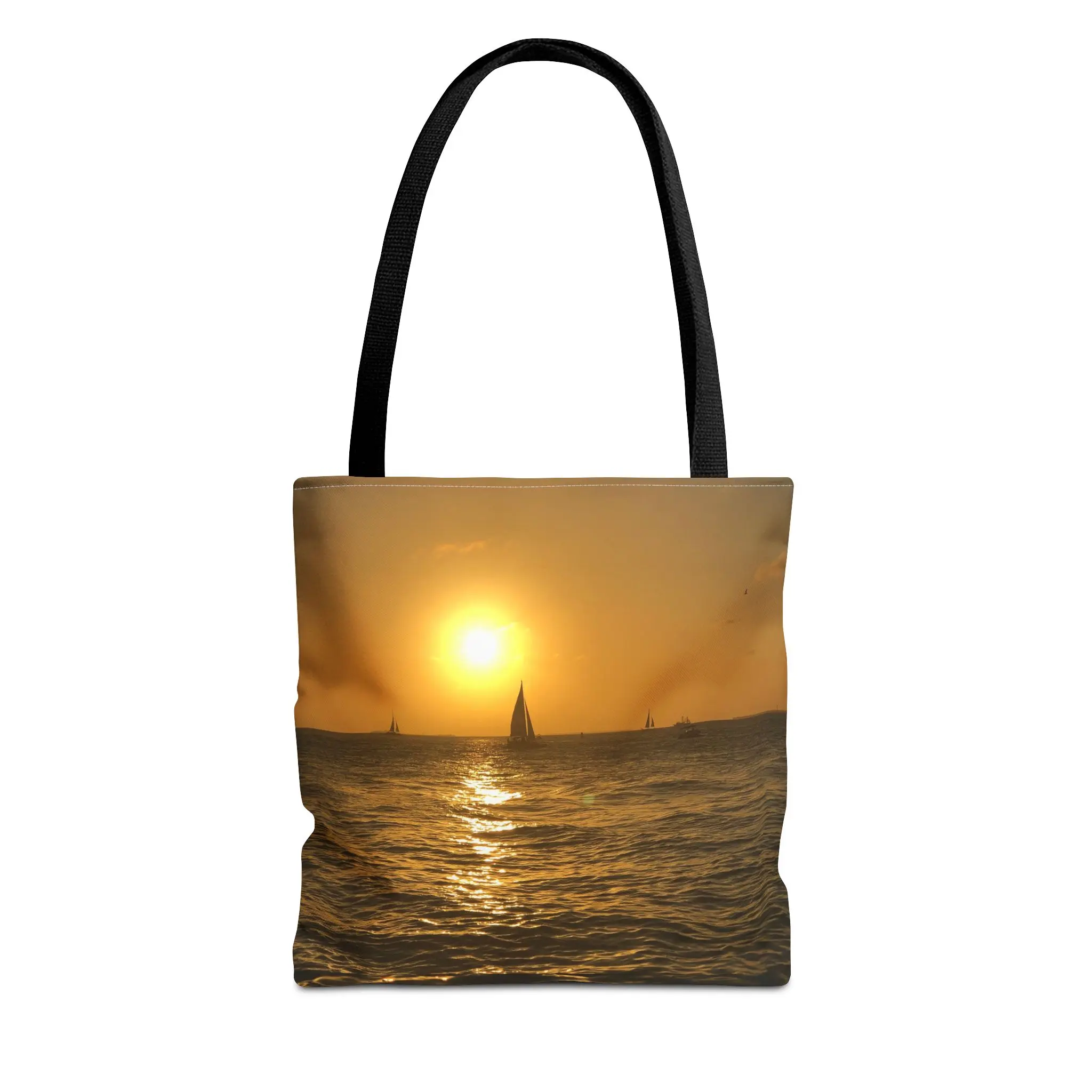 Sailboat Sunset Tote Bag | Golden Ocean Horizon, Beach Scene