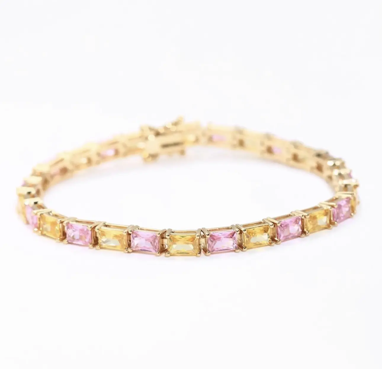 Sazaya Products Pink & Yellow Crystal Tennis Bracelet for Women – 8 Inch (20 cm) Gold Tone Link Bracelet with Emerald Cut Crystal Stones, Elegant Fashion Jewelry for Everyday Wear, Parties & Gift Giving