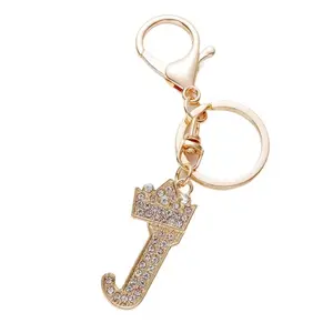 J - Rhinestone Crown Keychain, Sparkly Gold A-Z Letter Pendant Charm for Purse, Wallet & Backpack, Mother's Day & Birthday Gift