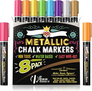 Metallic Liquid Chalk Markers - 8 Pack with Reversible  and Chisel Tips - Dust Free, Erasable,  - Ideal for Blackboards, Windows, and Glass - Writing Tools