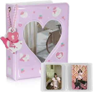 3 Inch Mini Photo Album, Heart Hollow Card Binder Photo Card Holder with Pendant 40 Pockets (Pink)