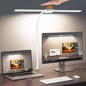 LED Desk Lamp, Double Head Gooseneck Desk Lamps for Home Office with Gesture Switch & Wired Control, 12W Bright Modern Desk Light Eye-Caring Office Desk Lamp with Clamp for Crafting Reading