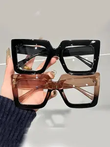 2-Piece Set Simple Casual Light Blocking Glasses, Large Square Frame Unisex Fashion Eyewear for Students and Daily Use