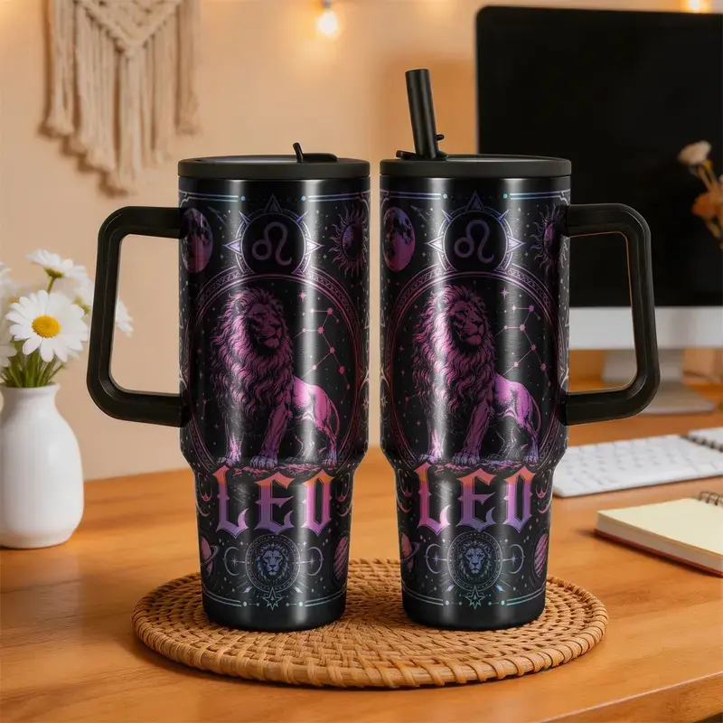 40oz Zodiac Constellation Stainless Steel Tumbler with Handle & Straw Lid, Vacuum Insulated Travel Mug, Astrology Coffee Cup, Leakproof Reusable Drinkware, Birthday Gift for Women & Men