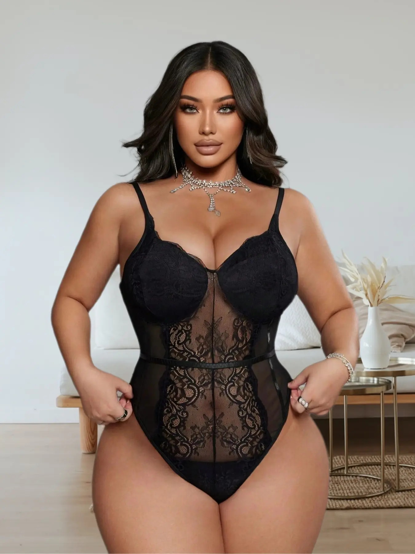 Plus Size Sexy Lace Transparent Aesthetic Bodysuit, Sleeveless Plain Basic Casual Tight Fit Women's Clothing, Perfect for Jeans or Skirts, Lingerie Underwear Womenswear