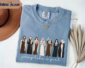 Women's Casual Ribbed Short-Sleeve Cotton Fabric Comfort Colors Pray Like A Girl Catholic Saint Graphic Christian Faith T-Shirt