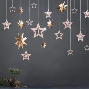 Twinkle Star Garlands Champagne Gold Party Decorations Stars Banner Ceiling Hanging Decor Streamer Backdrop for Birthday Bachelorette Christmas New Year Eve Starry Night Theme Party Decor